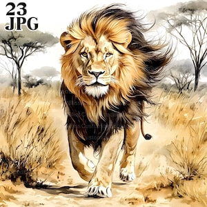23 imágenes prediseñadas de león en la naturaleza, imágenes prediseñadas de león, imágenes prediseñadas de animales, archivos JPG de alta calidad, imágenes prediseñadas de acuarela, diario basura, descarga digital, manualidades de papel