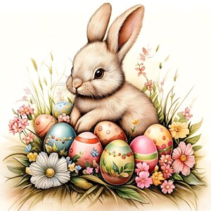 May include: A white bunny rabbit sits in a nest of green grass and colorful flowers. The bunny is surrounded by decorated Easter eggs in shades of pink, blue, yellow, and green.