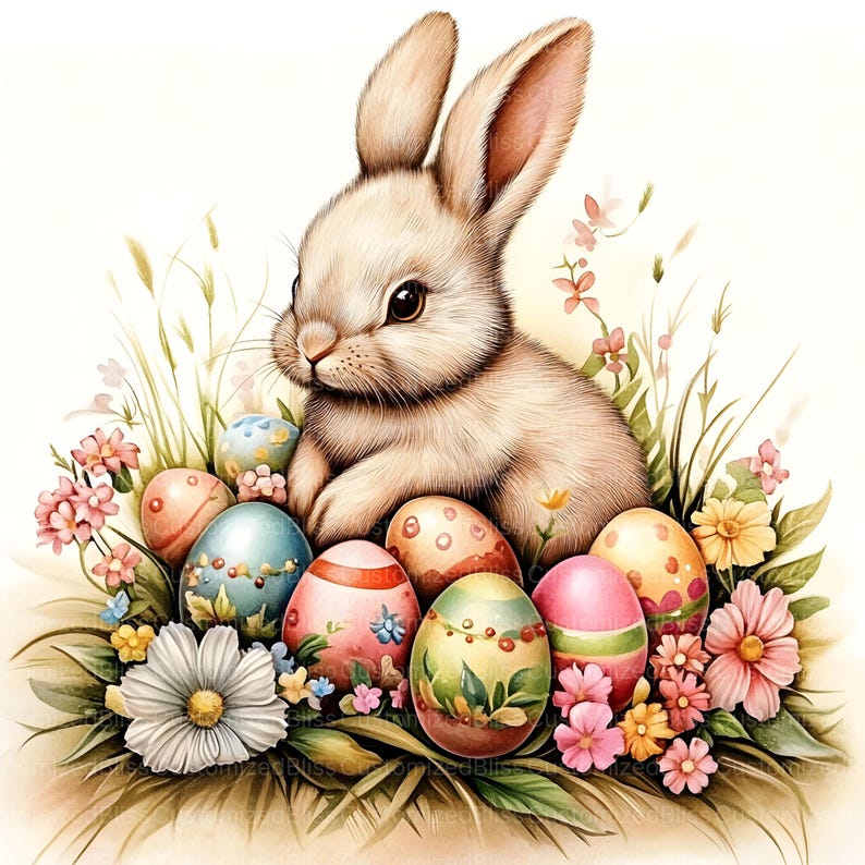 May include: A white bunny rabbit sits in a nest of green grass and colorful flowers. The bunny is surrounded by decorated Easter eggs in shades of pink, blue, yellow, and green.