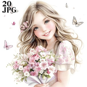 20 fille avec des fleurs des cliparts, des fleurs sauvages des cliparts, des cliparts Floral Girl, des cliparts aquarelle, des fichiers JPG de haute qualité, en téléchargement numérique, Junk Journal