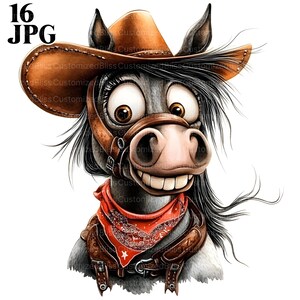 16 lustige Pferd mit Cowboyhut und Bandana, Comics Western Tier Clipart, Cowboy Clipart, digitaler Download, Junk Journal JPG