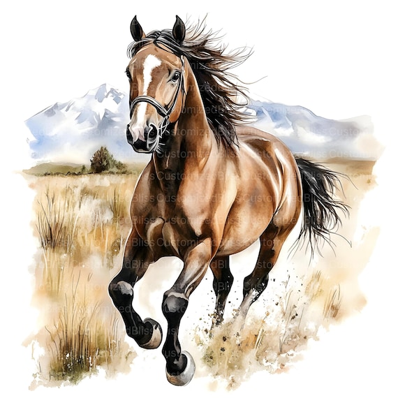 水彩の疾走する馬のクリップアート、20 枚の高品質 JPG、農場の