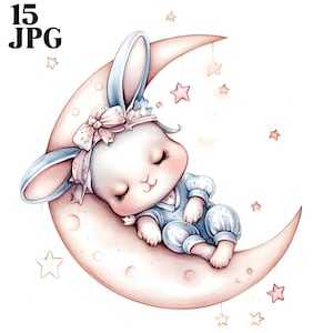Clipart de durmiendo, Clipart de conejito, Clipart de luna, 15 JPG de alta calidad, Clipart de acuarela, Diario basura, Descarga digital, Manualidades de papel