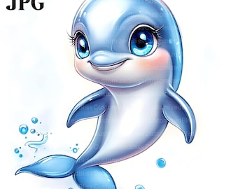 Op de afbeelding: Een cartoonillustratie van een lichtblauwe dolfijn met grote, blauwe ogen en een glimlach. De dolfijn zwemt in het water, omringd door bubbels.