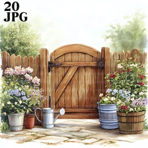 20 Garten Clipart, Gartentor Clipart, Sommer Clipart, hochwertige JPGs, Aquarell Clipart, Junk Journal, digitaler Download, Papierwesen