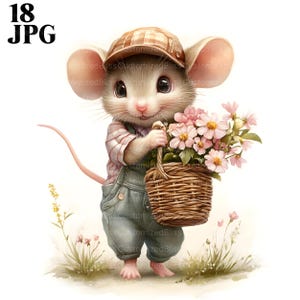 Lindo ratón de flores de primavera, lindo ratón, 18 archivos JPG de alta calidad, clipart de acuarela, diario basura, descarga digital, manualidades de papel, floral