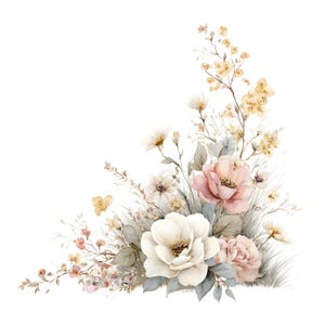 May include: A floral arrangement featuring a large white central flower, soft pink roses, and delicate yellow blossoms. The composition includes muted green foliage and thin, wispy stems, creating a balanced, asymmetrical corner design.