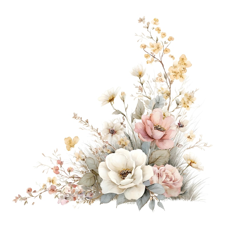 May include: A floral arrangement featuring a large white central flower, soft pink roses, and delicate yellow blossoms. The composition includes muted green foliage and thin, wispy stems, creating a balanced, asymmetrical corner design.