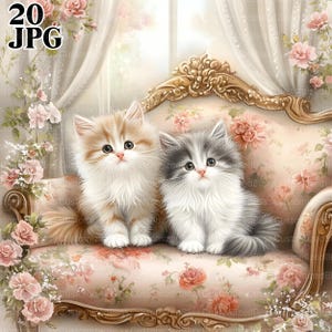 水彩子猫のクリップアート20点、シャビーシックなペルシャ猫、高品質JPG、水彩クリップアート、ジャンクジャーナル、デジタルダウンロード、ペーパークラフト