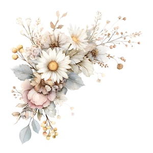 May include: A floral arrangement featuring white daisies, soft pink peonies, and muted blue-green leaves. The bouquet includes delicate sprigs, small yellow berries, and dried-style stems, all clustered together in a decorative botanical display.