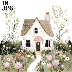 18 Cute Floral Cottage Clipart, Watercolor Cottage, High Quality JPGs, Watercolor Clipart, Junk Journal, Digital Download, Paper Craft