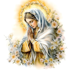 May include: A painting of the Virgin Mary with a halo of flowers, praying with her hands clasped together. She is wearing a blue and gold robe and is surrounded by white flowers.