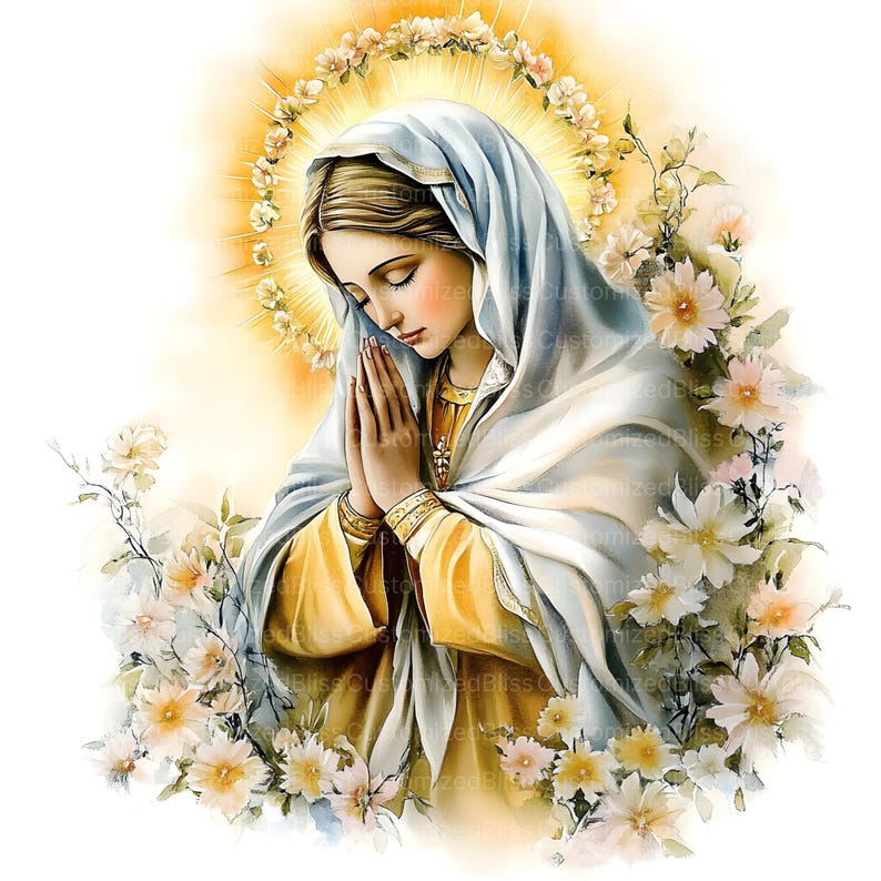 May include: A painting of the Virgin Mary with a halo of flowers, praying with her hands clasped together. She is wearing a blue and gold robe and is surrounded by white flowers.