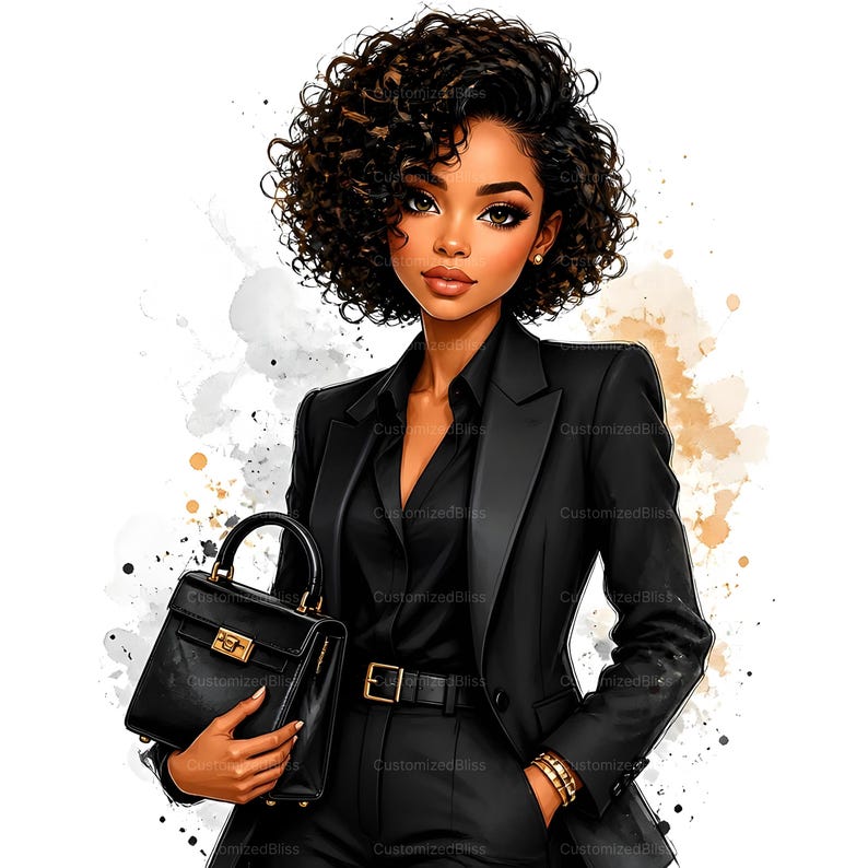 May include: Illustration of a woman in a black business suit, holding a black handbag with a gold clasp. She has curly dark hair and is wearing gold bracelets. The background has watercolor-style splatters.