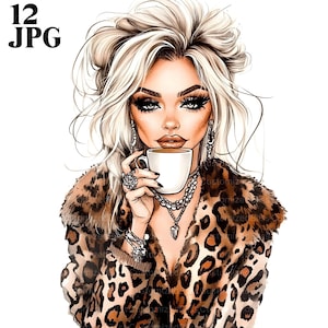 12 Clipart femme élégante avec café, femme blonde chic en veste à imprimé léopard, fichiers JPG de haute qualité, téléchargement numérique, travaux manuels, journal indésirable