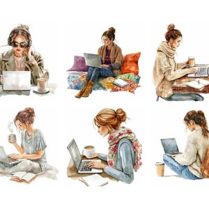 May include: Six watercolor illustrations of women working on laptops. Each woman is in a different pose and setting, with some holding coffee mugs. The illustrations are in a soft, muted color palette.