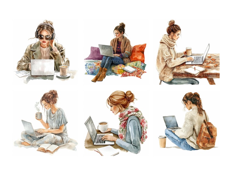 May include: Six watercolor illustrations of women working on laptops. Each woman is in a different pose and setting, with some holding coffee mugs. The illustrations are in a soft, muted color palette.