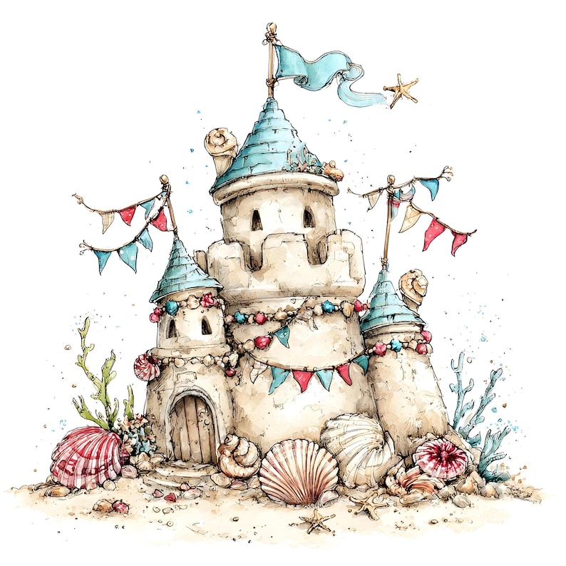 May include: A watercolour illustration of a sandcastle decorated with blue and red bunting and flags. The castle has light blue turrets and a wooden door. Seashells, starfish, and seaweed are scattered around the base.
