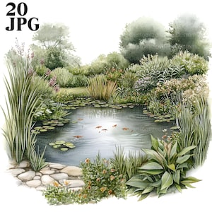 Op de afbeelding: Een aquarel schilderij van een vijver omringd door weelderig groen. De vijver heeft waterlelies en kleine oranje vissen die in het water zwemmen. De vijver is omringd door een verscheidenheid aan planten, waaronder hoog gras, varens en bloeiende planten.