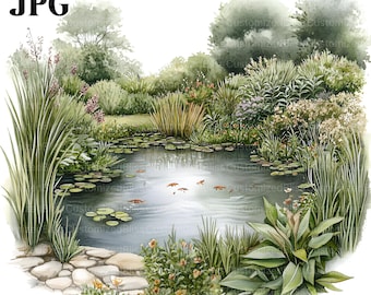 20 Country Ponds Clipart, Countryside Clipart, Wysokiej Jakości JPG, Clipart Akwarelowy, Junk Journal, Pobieranie Cyfrowe, Rękodzieło Papierowe, Clipart