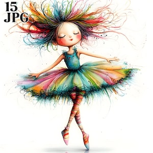 Schrulliges Ballerina Clipart, 15 hochauflösende JPGs in Aquarellfarben für Junk Journaling, Scrapbooking, Kartenherstellung, digitaler Download schrulliges Mädchen wunderlich