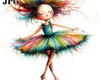 May include: A watercolor illustration of a girl wearing a colorful tutu and striped tights, with her hair flowing in the wind. She is dancing with her eyes closed.
