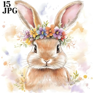 15 Floral Bunny Clipart, Rabbit Clipart, Bunny Images, High Quality JPGs, Watercolor Clipart, Junk Journal, Digital Download, Paper Craft