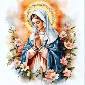 May include: A watercolor painting of the Virgin Mary in prayer, surrounded by white and pink flowers. She is wearing a blue robe and a white veil, with her hands clasped in prayer. The painting has a soft, ethereal quality.