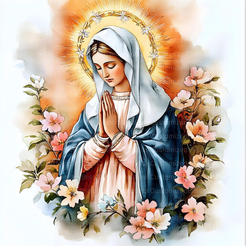 May include: A watercolor painting of the Virgin Mary in prayer, surrounded by white and pink flowers. She is wearing a blue robe and a white veil, with her hands clasped in prayer. The painting has a soft, ethereal quality.