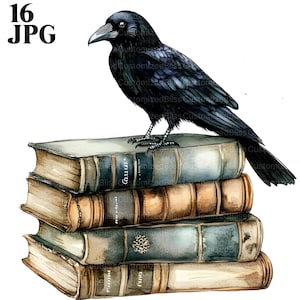 16 Crow On Books Clipart, Crow Clipart, Gothic Clipart, High Quality JPGs, Watercolor Clipart, Junk Journal, Digital Download, Paper Craft