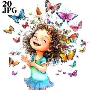 20 Petite fille originale avec des cliparts papillon, fille originale, petite fille, Clipart aquarelle, Junk Journal, téléchargement numérique, créations en papier, JPG