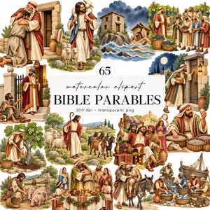 Puede incluir: Una colección de 65 ilustraciones de clipart en acuarela que representan varias parábolas bíblicas, con figuras con túnicas, ovejas, paisajes y elementos arquitectónicos. El texto central dice 65 watercolor clipart BIBLE PARABLES 300 dpi transparent png.