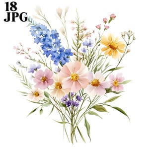 18 Wildflowers Bouquet Clipart, Cute Wild Flowers, High Quality JPGs, Watercolor Clipart, Junk Journal, Digital Download, Paper Craft
