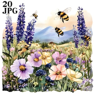 Bumblebees on a Wildflower Meadow Clipart Bundle, 20 High Quality Watercolor JPGs, Crafting, Journaling, Scrapbooking, Digital Download, Bee
