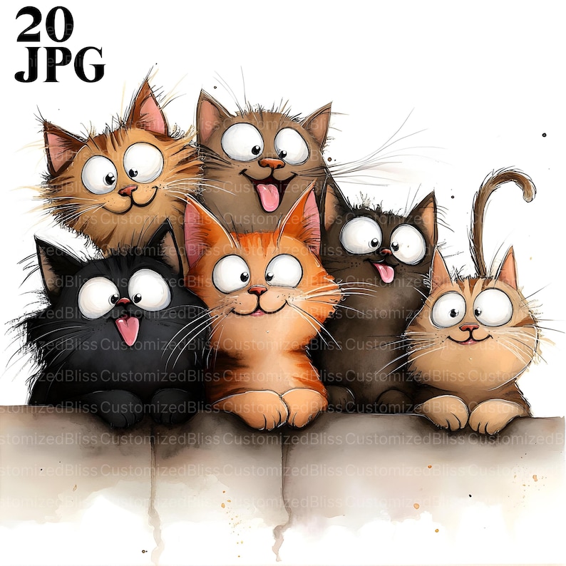 May include: A watercolour illustration depicts six cartoon cats with large eyes and smiling faces. The cats, in shades of brown, orange, and black, are positioned on a ledge. The image includes the text "20 JPG" in the upper left corner.