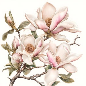 May include: A watercolor painting of a branch of delicate white magnolia flowers with pink accents. The flowers are in various stages of bloom, with some fully open and others still in bud. The branches are thin and brown, and the leaves are green and lush.