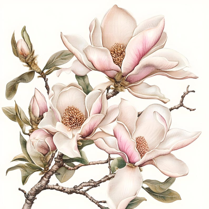 May include: A watercolor painting of a branch of delicate white magnolia flowers with pink accents. The flowers are in various stages of bloom, with some fully open and others still in bud. The branches are thin and brown, and the leaves are green and lush.