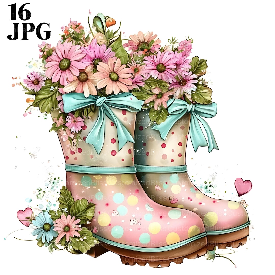 Polka Dot Rain Boots Clipart, Rubber Boots, Garden Clipart, Spring ...