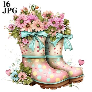 Polka dot regenlaarzen clipart, rubberen laarzen, tuin clipart, lentetuin, regen clipart, 16 hoge kwaliteit JPG, Junk Journal, digitale download