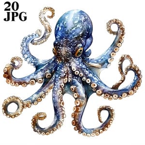 20 Octopus Clipart, Watercolor Octopus, Ocean Clipart, High Quality JPGs, Watercolor Clipart, Junk Journal, Digital Download, Paper Craft