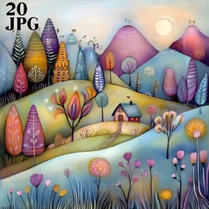Images clipart paysage fantaisiste, 20 fichiers JPG de haute qualité, clipart aquarelle, journal indésirable, scrapbooking, travaux manuels, téléchargement numérique, fantastique, fantaisiste