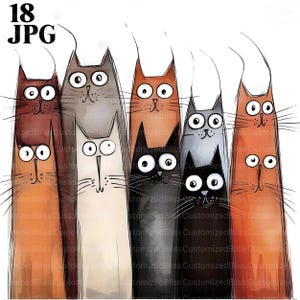 18 Cats Clipart, Cartoon Funny Frazzled Kittens, High Quality JPG, Watercolor Clipart, Junk Journal, Digital Download, Paper Craft, Clip Art