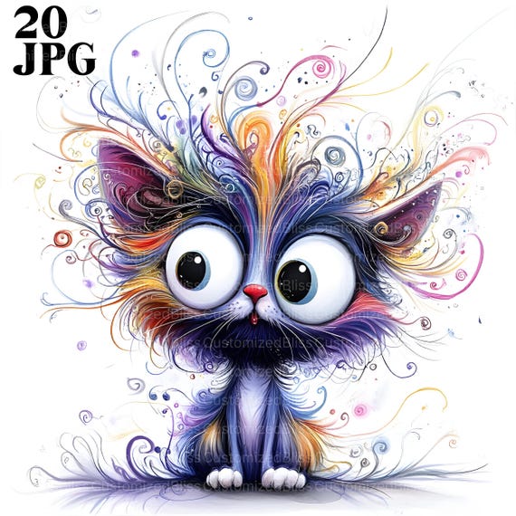 Frazzled Cat Clip Art, 20 High Quality JPGs, Funny Cat, Watercolor Clipart, Junk Journal, Scrapbooking, Card Making, Digital Download Kit
