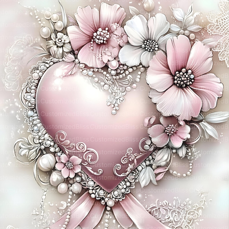 May include: A pink heart-shaped frame adorned with pearls and silver embellishments, surrounded by delicate pink and white flowers.