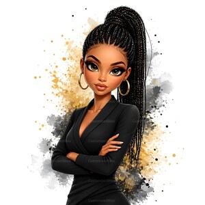 May include: Digital illustration of a woman with dark skin, wearing a black blazer and gold hoop earrings. Her hair is styled in long braids pulled into a high ponytail. The background features gold and gray paint splatters.