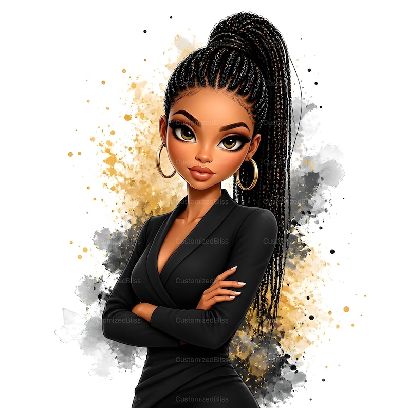 May include: Digital illustration of a woman with dark skin, wearing a black blazer and gold hoop earrings. Her hair is styled in long braids pulled into a high ponytail. The background features gold and gray paint splatters.