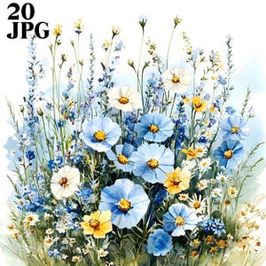 20 cliparts bleus de fleurs sauvages, fleurs sauvages, images de fleurs sauvages, fleurs sauvages bleues, clipart aquarelle, fichiers JPG de haute qualité, journal indésirable