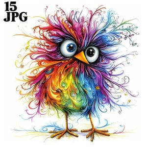 Clip art de pájaro agotado, 15 archivos JPG de alta calidad, pájaro peculiar, pájaros de dibujos animados, pájaros caprichosos, pájaros de fantasía, diario basura, descarga digital