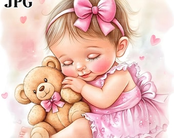 16 imágenes prediseñadas de niña con osito de peluche, imágenes prediseñadas de baby shower, JPG de alta calidad, imágenes prediseñadas de acuarela, diario basura, descarga digital, manualidades de papel