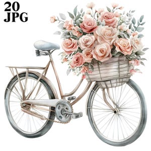 20 Rose Bicycle Clipart, Vintage Bicycle, Floral Bicycle, High Quality JPGs, Watercolor Clipart, Junk Journal, Digital Download, Paper Craft